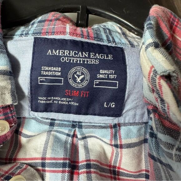 Men's Red Blue Plaid Shirt button down size Large L slim fit American Eagle - Picture 5 of 5